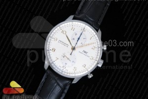 YLF IWC 포르투기저 크로노그래프 화이트다이얼 골드핸즈 블랙가죽스트랩 Portuguese Chrono IW371445 YLF 1:1 Best Edition on Black Leather Strap A7750 (Same Thickness as Genuine)