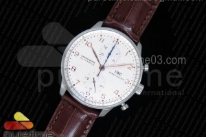 YLF IWC 포르투기저 크로노그래프 화이트다이얼 로즈골드핸즈 브라운가죽스트랩 Portuguese Chrono IW3714 White Dial RG Markers YLF 1:1 Best Edition on Brown Leather Strap A7750 (Same Thickness as Genuine)