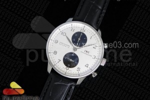 ZF IWC 포르투기저 크로노그래프 화이트다이얼 블랙가죽스트랩 Portuguese Chrono IW371411 ZF 1:1 Best Edition on Black Leather Strap A7750 (Same Thickness as Genuine)