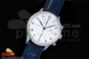 ZF IWC 포르투기저 크로노그래프 화이트다이얼 블루핸즈 다이아베젤케이스 블루가죽스트랩 Portuguese Chrono IW371446 ZF 1:1 Best Edition Full Paved Diamonds on BlueLeather Strap A7750 (Same Thickness as Genuine)