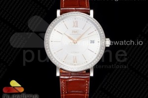 V7F IWC 포르토피노 37미리 화이트다이얼 다이아베젤 딥브라운가죽스트랩 Portofino 37mm SS V7F 1:1 Best Edition White Dial Diamonds Bezel on Brown Leather Strap A2892