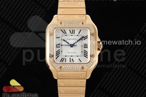 3KF 까르띠에 산토스 미듐 로즈골드 다이아베젤 화이트다이얼 스틸브레이슬릿 Santos de Cartier 35mm RG 3KF 1:1 Best Edition White Dial Diamonds Bezel on RG SmartLinks Bracelet MIYOTA 9015