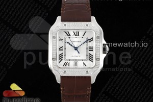 3KF 까르띠에 산토스 라지 다이아베젤 화이트다이얼 브라운가죽스트랩 Santos de Cartier 40mm 3KF 1:1 Best Edition White Dial Diamonds Bezel on Brown Leather Strap MIYOTA 9015