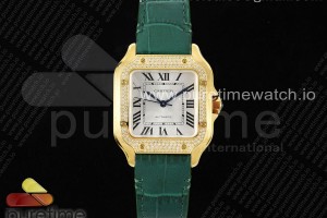 3KF 까르띠에 산토스 미듐 옐로우골드 다이아베젤 화이트다이얼 그린가죽스트랩 Santos de Cartier 35mm YG 3KF 1:1 Best Edition White Dial Diamonds Bezel on Green Leather Strap MIYOTA 9015