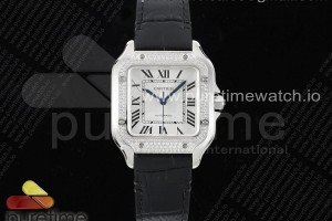 3KF 까르띠에 산토스 미듐 다이아베젤 화이트다이얼 블랙가죽스트랩 Santos de Cartier 35mm 3KF 1:1 Best Edition White Dial Diamonds Bezel on Black Leather Strap MIYOTA 9015