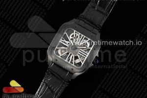 TWF 까르띠에 산토스 스켈레톤 PVD블랙 스켈레톤다이얼 블랙가죽스트랩 Santos skeleton PVD TWF Best Edition Skeleton Dial on Black Leather Strap Ronda Quartz