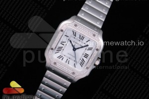 BVF V2 산토스 드 까르띠에 스틸 다이아베젤 미듐 35미리 Santos de Cartier 35mm SS Diamonds Bezel BVF 1:1 Best Edition White Dial on SS SmartLinks Bracelet MIYOTA 9015 V2