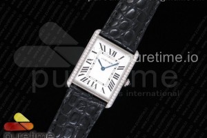 AF 탱크솔로 라지 28미리 화이트다이얼 다이아베젤 블랙 악어가죽스트랩 Tank Solo Ladies 28mm SS AF 1:1 Best Edition White Dial Diamonds Bezel on Black Crocodile Strap Ronda Quartz