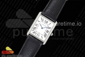 AF 탱크솔로 라지 28미리 화이트다이얼 다이아베젤 블랙 가죽스트랩 Tank Solo Ladies 28mm SS AF 1:1 Best Edition White Dial Diamonds Bezel on Black Leather Strap Ronda Quartz