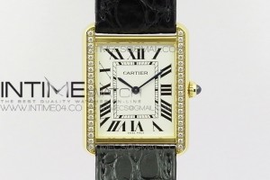 AF 탱크솔로 라지 28미리 화이트다이얼 옐로우골드 금통 다이아베젤 블랙 악어가죽스트랩 Tank Solo Ladies 28mm Dia Bezel YG AF 1:1 Best Edition White Dial on Black Leather Strap Ronda Quartz