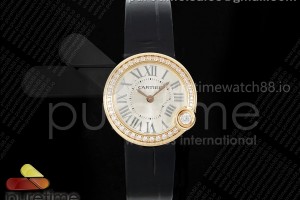 AF 까르띠에 발롱블랑 로즈골드 30미리 다이아베젤 실버다이얼 블랙가죽스트랩 Ballon Blanc 30mm AF 1:1 Best Edition Silver Dial Diamonds Bezel on Blue Fabric Strap Ronda Quartz