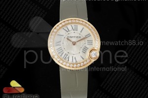 AF 까르띠에 발롱블랑 로즈골드 30미리 다이아베젤 실버다이얼 그레이가죽스트랩 Ballon Blanc 30mm RG AF 1:1 Best Edition Silver Dial Diamonds Bezel on Gray Fabric Strap Ronda Quartz