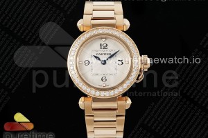 AF 까르띠에 파샤 30미리 로즈골드 다이아베젤 화이트다이얼 스틸브레이슬릿 Pasha 30mm RG AF 1:1 Best Edition White Textured Dial Diamonds Bezel on RG Bracelet Jaq Quartz