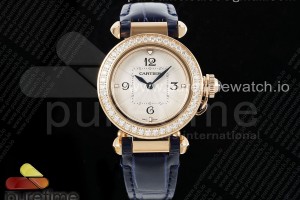 AF 까르띠에 파샤 30미리 로즈골드 화이트다이얼 다이아베젤 블루가죽스트랩 Pasha 30mm RG AF 1:1 Best Edition White Textured Dial Diamonds Bezel on Deep Blue Leather Strap Jaq Quartz