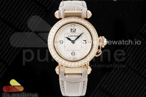 AF 까르띠에 파샤 30미리 로즈골드 화이트다이얼 다이아베젤 그레이가죽스트랩  Pasha 30mm RG AF 1:1 Best Edition White Textured Dial Diamonds Bezel on Gray Leather Strap Jaq Quartz