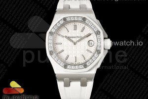 TWF 로얄오크 오프쇼어 레이디 화이트다이얼 다이아베젤 화이트러버스트랩  Royal Oak Offshore Ladies 37mm 67540 SS TWF Best Edition White Dial on White Rubber Strap ETA Quartz