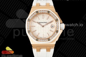TWF 로얄오크 오프쇼어 레이디 로즈골드 화이트다이얼 다이아베젤 화이트러버스트랩  Royal Oak Offshore Ladies 37mm 67540 RG TWF Best Edition White Dial on White Rubber Strap ETA Quartz