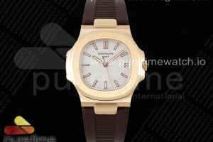 PPF V5 파텍필립 노틸러스 5711/1R 옐로우골드 화이트다이얼 브라운러버스트랩 Nautilus 5711/1R PPF 1:1 Best Edition White Textured Dial on Brown Rubber Strap 324CS V5