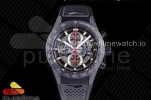 XF 태그호이어 칼리버호이어 크로노 세라믹케이스 스켈레톤다이얼 블랙러버스트랩 Calibre Heuer 01 Chrono 43mm Ceramic XF 1:1 Best Edition Skeleton Dial Red Hand on Black Rubber Strap A1887