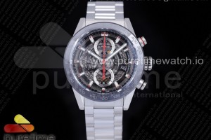 XF 태크호이어 칼리버호이어43 스켈레톤다이얼 스틸브레이슬릿 Calibre Heuer 01 Chrono 43mm SS XF 1:1 Best Edition Skeleton Dial Red Hand on SS Bracelet A1887