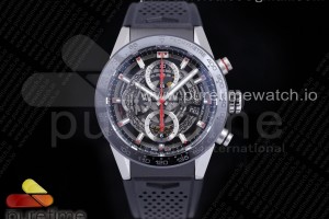 XF 태크호이어 칼리버호이어43 스켈레톤다이얼 블랙러버스트랩 Calibre Heuer 01 Chrono 43mm SS XF 1:1 Best Edition Skeleton Dial Red Hand on Black Rubber Strap A1887