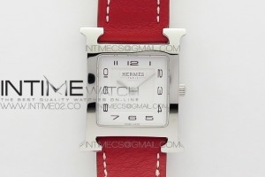 MKF 에르메스 H아워 Heure H Ladies SS MKF 1:1 Best Edition White Dial On Red Leather Strap Swiss Quartz