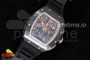 KVF 리차드밀 RM011 크로노 세라믹케이스 골드핸즈 크리스탈스켈레톤다이얼 블랙러버스트랩 RM011 Real Ceramic Case Chronograph KVF 1:1 Best Edition Crystal Skeleton Dial Gold Markers on Black Rubber Strap A7750