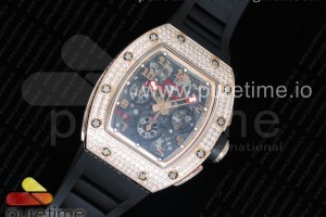 KVF 리차드밀 RM011 크로노 로즈골드 다이아베젤 크리스탈스켈레톤다이얼 블랙러버스트랩 RM011 RG Chronograph Diamonds Bezel KVF 1:1 Best Edition Crystal Skeleton Dial on Black Rubber Strap A7750