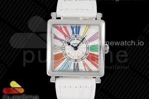 ZF 프랭크뮬러 마스터스퀘어 컬러풀로만다이얼 화이트가죽스트랩 Master Square SS Ladies ZF 1:1 Best Edition White Colorful Roman Dial on White Leather Strap Ronda Quartz